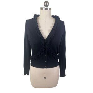 J.Crew Y2K Merino Wool Cardigan Sweater Womens Large Black Ruffle Minimalist 90s